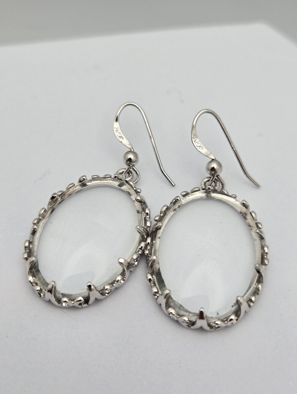 Vintage Signed FAC Silver Tone Oval Clear Glass Drop Earrings French Hook 1.5"